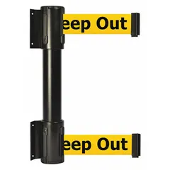 This wall-mount retractable belt barrier features a 13 ft yellow belt with black Danger messaging and a black frame. It is designed for permanent installation using the fixed mounting plate. Typical applications include cordoning off hazardous areas, controlling pedestrian access, and displaying warning messages in industrial or public environments.