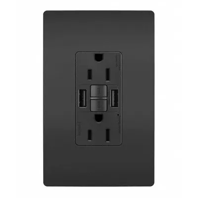 LEGRAND Receptacle: Duplex, 5-15R, 2 USB Ports, USB Type A, Black, 125V AC, 15 A - Weather-Resistant Receptacles with USB Chargers