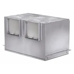 Square duct inline cabinet fan for horizontal or vertical discharge. Moves 857 cfm at 0.100 in SP through 8 in x 8 in ductwork. Operates on 115V AC single-phase, 216 W, with two speeds. Suitable for commercial and industrial ventilation applications.