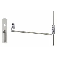 Surface vertical rod exit device with chrome finish. Includes thumbpiece pull and crossbar. For doors up to 44 inches wide. Used for push-bar egress in commercial buildings.