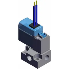 Three-way, two-position solenoid valve, single solenoid, normally closed, 24V DC. Used to control single-acting pneumatic cylinders or pilot other valves in automated machinery and industrial control systems.