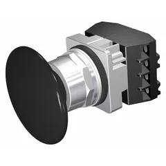 Momentary-action mushroom-head push button with a 30 mm profile and non-metallic construction. Features 2 normally open (2NO) contacts and pressure plate terminals. Suitable for use as a control device in industrial machinery and control panels.