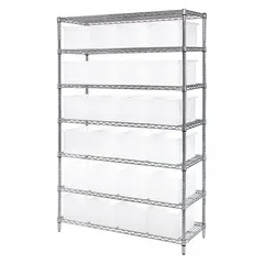 QUANTUM STORAGE SYSTEMS Bin Shelving: 48 in x 18 in x 74 in, 1 Sided, 24 Bins, Closed, Shelf Bin (MPN WR7-92080CL). Key specifications — Includes Bins: Yes; Bin Material: Polypropylene; Frame Color: Silver; Bin HxWxD: (24) 8 in x 10-7/8 in x 16-1/2 in; Frame Material: Steel; Bin Color: Clear; Bin Style: Shelf; Brand: QUANTUM STORAGE SYSTEMS.