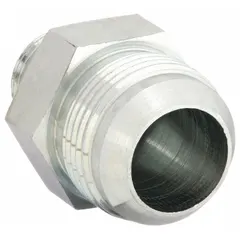 This rigid, straight steel adapter connects an O-Ring Boss (ORB) port to a JIC 37° flare port. It is used in hydraulic systems for fluid power applications such as industrial machinery, mobile equipment, and hydraulic power units.