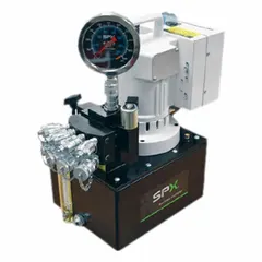 This corded electric hydraulic pump unit delivers a maximum operating pressure of 10,000 psi and a maximum flow rate of 704 cu in/min. It is designed to power hydraulic torque wrenches for tightening or loosening large bolts in industrial bolting applications.