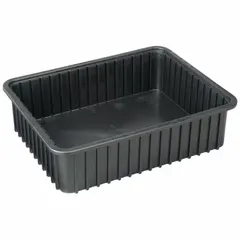 This LEWISBINS divider box is a plastic ESD static-control container measuring 22 3/8 in x 17 3/8 in x 6 in. It is black and does not include a lid or dividers. Typical applications include storage and transport of static-sensitive components in electronics assembly and manufacturing environments.