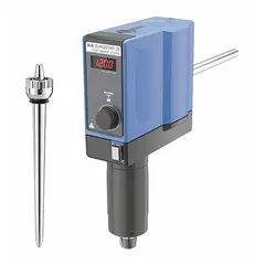 This low-torque overhead stirrer handles viscosities up to 10,000 cps and volumes up to 20 L. It features a variable mixing speed with a maximum torque of 20 N-cm, a digital display, and operates on 115V. Suitable for general laboratory stirring and mixing applications.