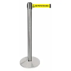 This retractable belt post barrier is designed for ESD protected areas in static-sensitive environments. The silver metal alloy post houses a 10 ft yellow belt with no pattern, providing clear visual delineation for access control and crowd management.
