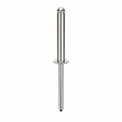 Domed-head blind rivet with 0.183" diameter and 2.476" overall length. Body length is 1 11/64", overall length 2 15/32". Supplied in a 250-piece pack. Used for fastening materials where only one-sided access is available, common in sheet-metal fabrication and general assembly.