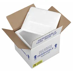 Insulated Shipping Container: 7 in x 6 in x 5 1/2 in, 0.75 in Insert Wall Thick, Styrofoam, 2 PK (MPN ON7C). Key specifications — Shipping Box Material: Corrugated Cardboard; Insert Material: Styrofoam; Color: White.