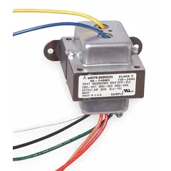Open-style Class 2 transformer with foot mounting, rated 40 VA. Accepts 240V AC input and delivers 24V AC output. Primary and secondary connections are wire leads. Suitable for stepping down line voltage to low-voltage control circuits in HVAC and industrial equipment.
