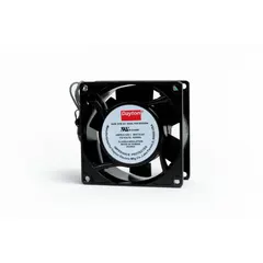 This standard square axial fan from Dayton operates on 115V AC and delivers 28 cfm airflow at 0.000 in static pressure. It features a polybutylene terephthalate blade, measures 3 1/8 in height by 1 1/2 in depth, and includes lead wires. The IP33 rating provides protection against tools and small objects, making it suitable for cooling and ventilation in electronic enclosures, control panels, and small equipment in indoor environments.
