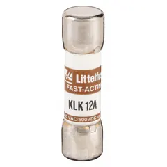 Fast-acting cylindrical fuse rated 12 A, 600 V AC, and 500 V DC. Midget size with 13/32 in x 1 1/2 in body. Used for overcurrent protection in control panels, motor starters, and power supplies where quick response to short circuits is required.
