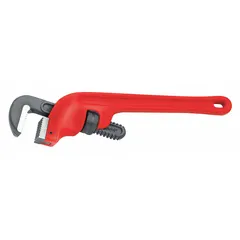 This end pipe wrench features a serrated jaw for gripping pipes and round objects. With a 2-inch jaw capacity and 14-inch overall length, it is suited for turning and holding pipes in plumbing and mechanical applications.