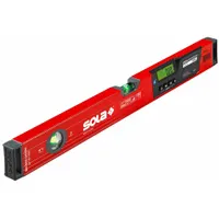 This SOLA digital level measures angles from 0° to 180° with an accuracy of ±0.05°. It has a 24-inch overall length and includes AAA batteries and a protective case. Suitable for leveling and angle measurement in construction and industrial applications