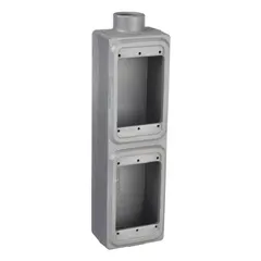 Gray iron weatherproof electrical box with rectangular shape, 2 gangs, 1/2-inch hub, and 40 cubic inch capacity. Suitable for outdoor or wet-location installations requiring durable, corrosion-resistant enclosures for electrical connections, switches, or outlets.