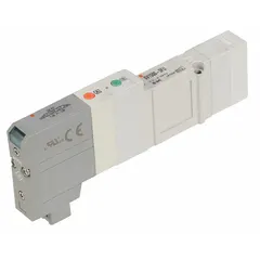Double solenoid, five-way/three-position directional control valve from the SV1000 Series. Operates on 24V DC with internal pilot and spring return. Includes exhaust function. Used for pneumatic actuation in industrial automation systems.