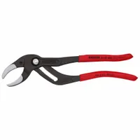 Curved-jaw tongue and groove pliers with push-button adjustment and serrated gripping surfaces. Overall length 10 in, maximum jaw opening 3 1/8 in. Suitable for gripping and turning pipes, nuts, and fittings in plumbing, HVAC, and maintenance applications