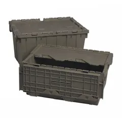 This 8.8-gallon plastic tote features a gray body and a two-piece attached lid. Measuring 19 5/8 x 11 5/8 x 7 1/2 inches, it is used for organizing and storing parts, tools, or inventory in warehouses, workshops, and distribution centers.