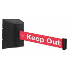 Wall-mount retractable belt barrier with a 30 ft red belt printed with white 'Danger Keep Out' messaging. Black frame. Used to cordon off hazardous areas or restrict access in industrial and public environments.