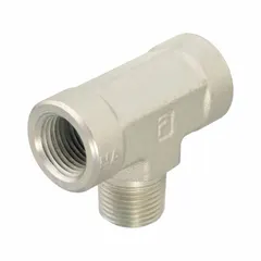 This 316 stainless steel tee (run x run x branch) is rated for 5,000 psi and features 1/4 in NPT threads on all three ports. It is used in extreme-pressure hydraulic and pneumatic systems to split or combine fluid flow in industrial piping networks.