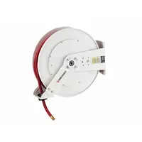 Enclosed garden spring-return hose reel with 75 ft of 5/8 in I.D. hose included. Features 3/4 in MGHT end configuration, nickel-plated steel swivel, and white reel. Maximum operating pressure 250 psi. Suitable for watering, washing, and light-duty fluid transfer