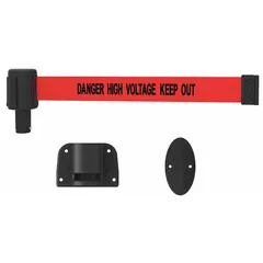 Replacement belt cassette for stanchions. Features a 15 ft retractable belt with 2 1/2 in width and 42 in overall height. Belt displays 'Danger High Voltage Keep Out' message. Used to cordon off areas and control access in industrial environments.