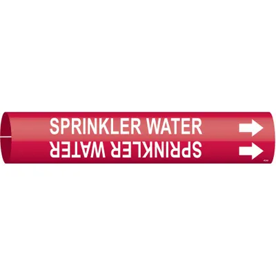 BRADY Pipe Marker: Sprinkler Water, Red, White, Fits 1 1/2 to 2 3/8 in Pipe O.D. - Sprinkler Water Snap-On Pipe Markers