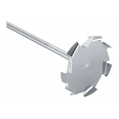 Overhead stirrer impeller with a 4-inch blade diameter, 13 3/4-inch shaft length, and 3/8-inch shaft diameter. Designed for dispersing and mixing solids into liquids in laboratory and industrial processes. Compatible with IKA model 0004238101.