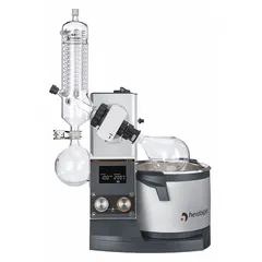 Motorized lift rotary evaporator with 5 L capacity, speed range 10-280 RPM, and 1300 W heating capacity. Features adjustable immersion depth up to 155 mm and inclination angle from 20° to 80°. Includes G3 vertical condenser. Suitable for solvent removal in laboratory settings.