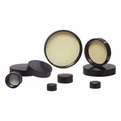 Black phenolic screw cap with a rubber liner, designed for 43 mm diameter laboratory bottles. Autoclavable and colored. Each pack contains 1,404 closures. Suitable for general laboratory storage, sample handling, and chemical containment.