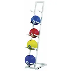 White storage rack for organizing medicine balls in fitness and training environments. Keeps balls accessible and reduces clutter. Manufacturer part number MBSET.
