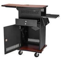This media cart features three shelves for organizing and transporting audio-visual equipment such as projectors, speakers, and monitors. With an overall height of 40 inches and width of 21 inches, it is suited for use in classrooms, conference rooms, and event spaces