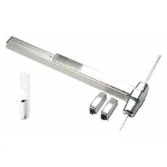 Surface vertical rod exit device with touchbar and night latch. Chrome finish. Suitable for commercial doors up to 4 ft wide, providing panic egress functionality.