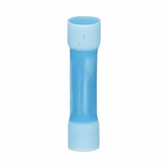 Vinyl-insulated butt splice connector for permanently joining two wires of 16 AWG to 14 AWG. Rated 600 V. Blue color indicates wire range per standard color coding. Pack of 25.
