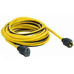 This 25-foot outdoor extension cord features a single NEMA 5-15P outlet and 12/3 SJTW construction. Rated for temperatures from -40° to 167°F, it is suited for powering tools, lights, or equipment in outdoor environments such as construction sites and landscaping.