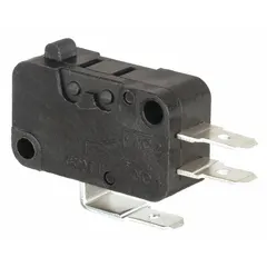 This plunger snap-action switch features a 1NO/1NC contact configuration with a 15 A @ 240 V AC rating. It connects via quick-connect terminals and is used for position sensing and limit control in industrial automation and machinery.