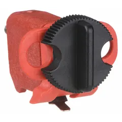 This clamp-on lockout device is rated for 120/277V AC and designed for use with push-button circuit breakers. It secures the breaker in the off position during maintenance to support lockout/tagout procedures. The device does not include a cable tie slot.