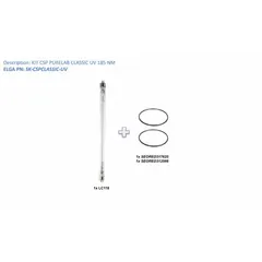 Replacement ultraviolet lamp kit for ELGA water purification systems. Used to maintain disinfection by inactivating microorganisms in laboratory-grade water. Supports water quality for analytical and life science applications.