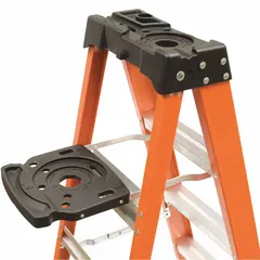 Plastic pail shelf for stepladders. Black, 11 in overall length. Provides a platform for holding tools and supplies while working at height.
