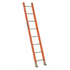 This 8 ft fiberglass straight ladder is non-conductive for use near live electrical circuits. It has a 300 lb load capacity, swivel safety shoes for stability on uneven surfaces, and mar-resistant end caps to protect walls. Suitable for industrial, commercial, and construction tasks requiring electrical hazard protection.