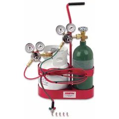 This portable outfit is configured for precision soldering and brazing with propane fuel. It includes a regulator with a CGA 510 fuel connection. Typical applications include light metal joining and repair tasks that require controlled flame output and easy transport between work sites.