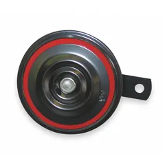 This WOLO electric horn operates on 12V DC and produces a high tone at a maximum sound level of 115 dB. It is a disc horn with a painted black finish and includes an electrical terminal for connection. Suitable for use as a signaling device in passenger vehicles.