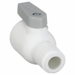 This manual two-way ball valve features a polypropylene body compliant with NSF 51, making it suitable for potable water and food processing applications. It has a full port ball port, straight configuration, Push x MNPT connections, and a lever handle for flow control in industrial piping systems.