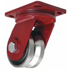 Swivel plate caster with V-groove track-wheel design for guided movement on steel or concrete surfaces. Wheel diameter 6 in, wheel width 3 in, mounting height 8 1/2 in. Suitable for material handling carts, assembly line fixtures, and warehouse equipment.