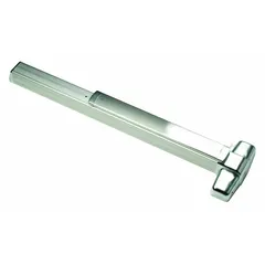 This concealed vertical rod exit device features a chrome finish and touchbar style for egress. It includes a night latch outside trim and is ADA compliant. Suitable for commercial doors up to 4 ft wide.