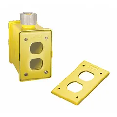 Portable power outlet box with a 1-gang configuration. Rated Type 1/3R for outdoor use. Yellow enclosure. Suitable for temporary power distribution at construction sites, maintenance areas, and outdoor job sites.