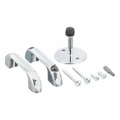 This chrome-plated zinc door hardware kit is designed for use as an ADA out swing adder on bathroom partitions. The kit includes two bolt step components and is compatible with baked enamel steel partitions. Suitable for commercial restroom applications requiring privacy and accessibility compliance.