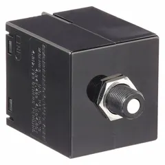 Snap-in front panel-mount miniature circuit breaker with push button reset. Rated 10 A, 250 V AC / 80 V DC. Features 1/4 in tab terminals and 1.85 in depth. Used for overcurrent protection in control panels, HVAC equipment, and power distribution systems.