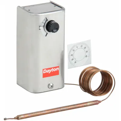 Dayton Line Volt Mechanical Tstat: -30° to 90°F, Stainless Steel, Fixed, 3°F - Indoor Single-Stage Controls